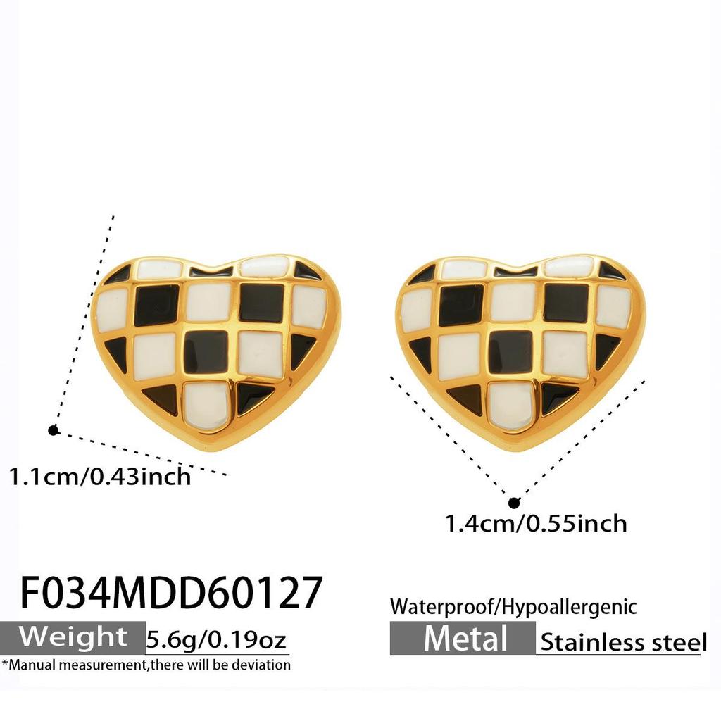 Checkerboard Heart Enamel Stud Earrings - European & American Fashion, Stainless Steel