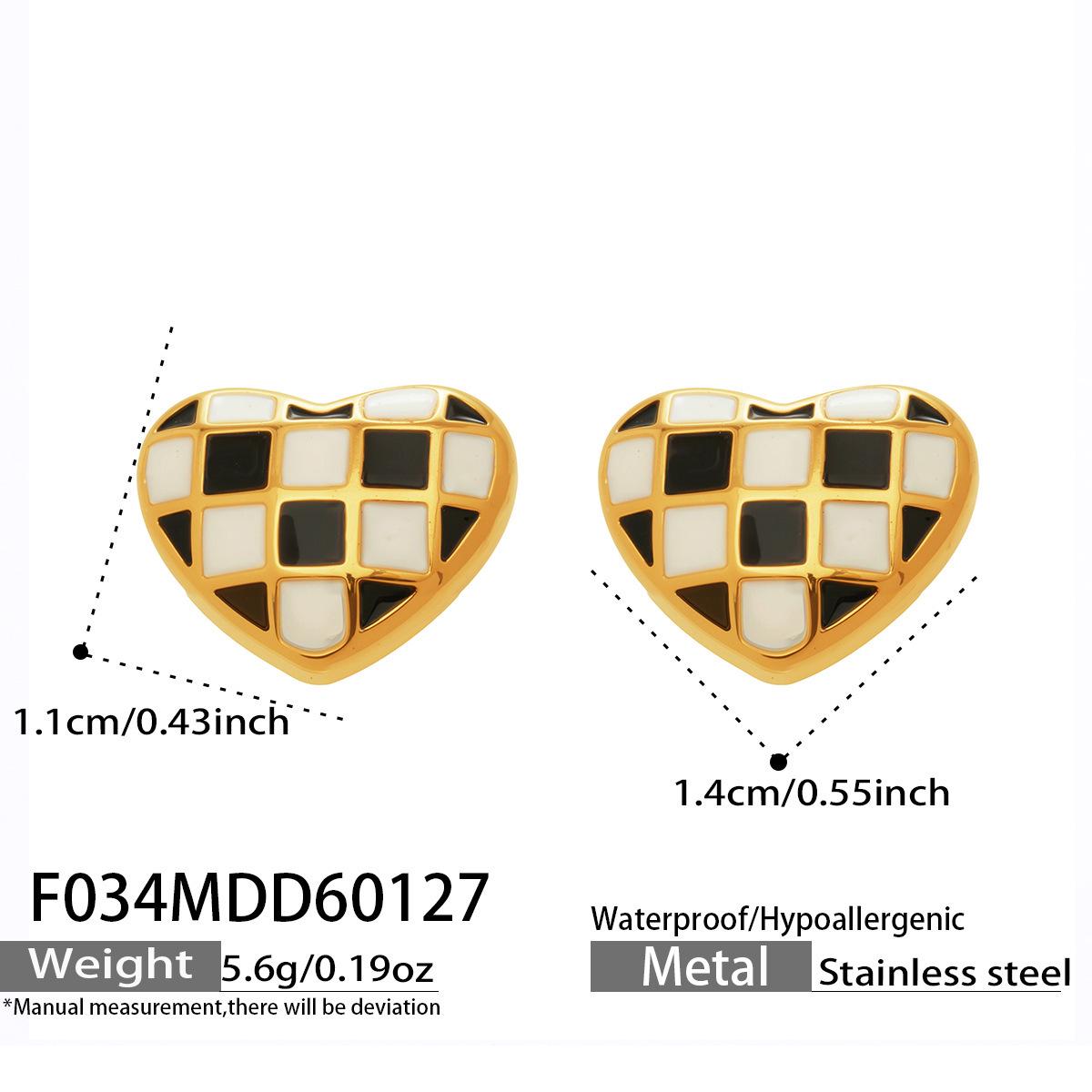 INS Enamel Checkerboard Heart Earrings - European & American Fashion, Stainless Steel.