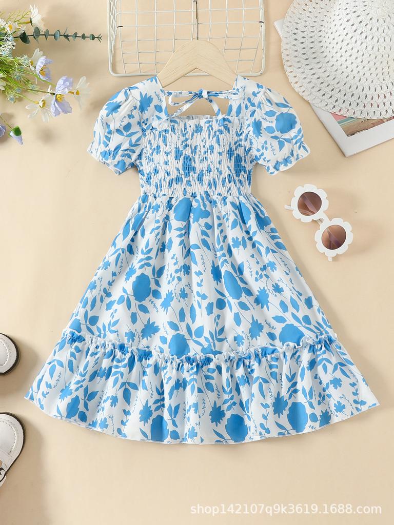 Girls Fashion Short Sleeve Dress Summer Children Sweet Fresh Floral Dress