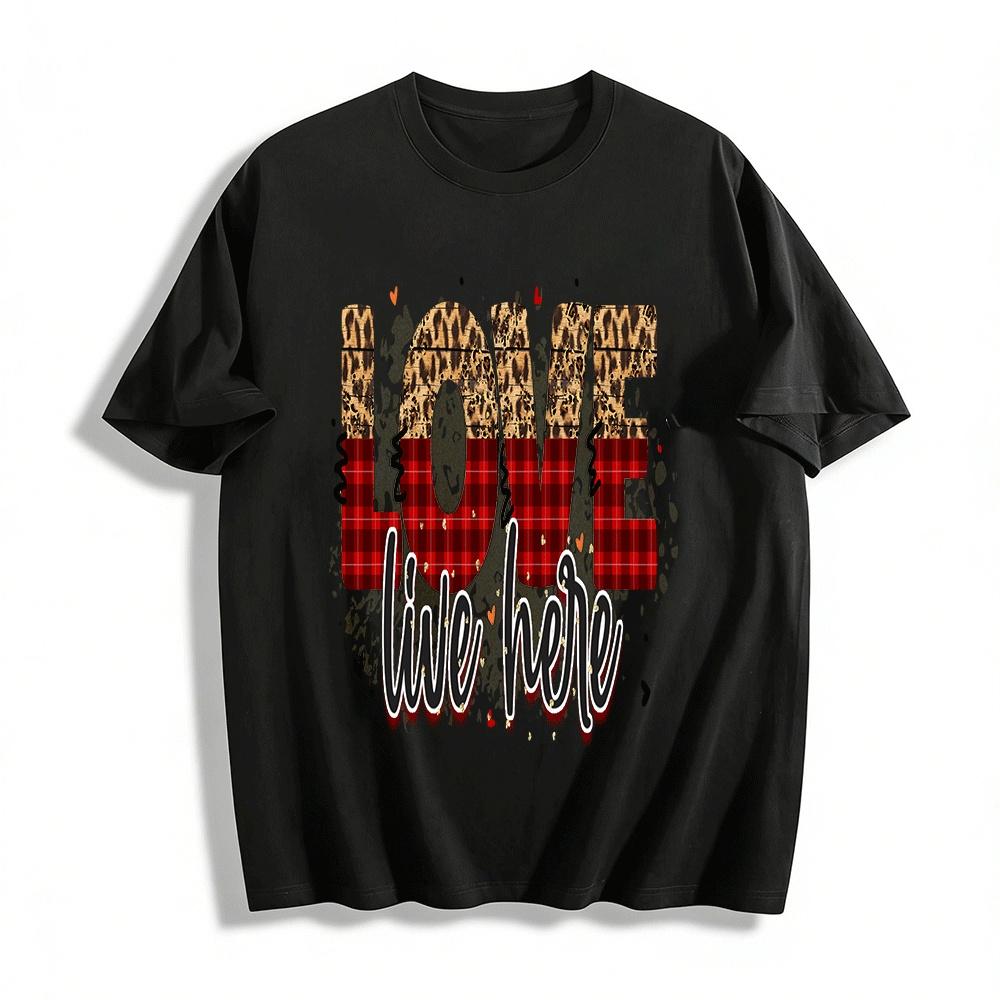

Leopard Plaid Love Live Here Graphic Casual Daily Top Pure cotton T-shirt XXS