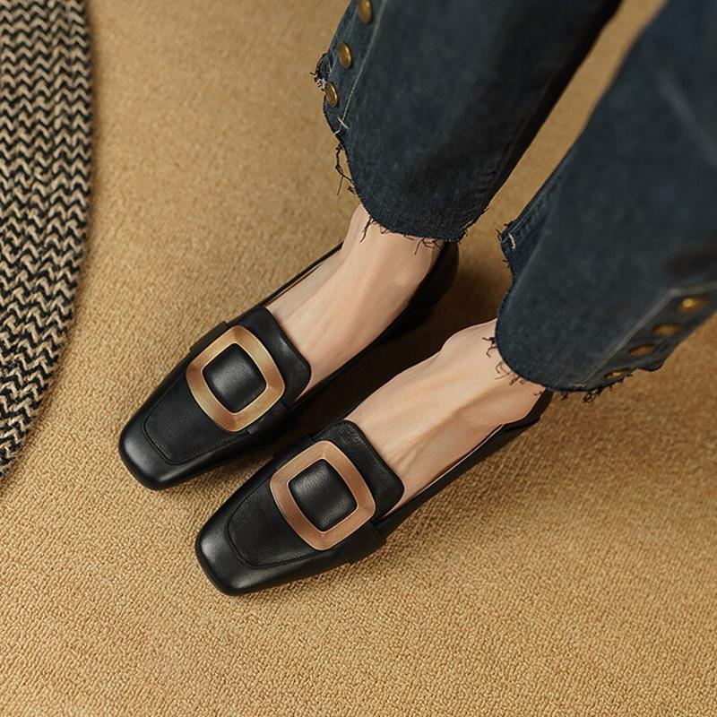 Fashion 2025 Spring Women Loafers Square Toe Chunky Heel Women Shoes Genuine Leather Shoes for Women Retro Square Button Women's Pumps