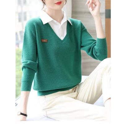 Spring and Autumn Women's Knitted Splicing Shirt Fake Two Piece Sweater Splicing Shirt Collar Pullover Knitted Bottom Shirt Women Long Sleeve