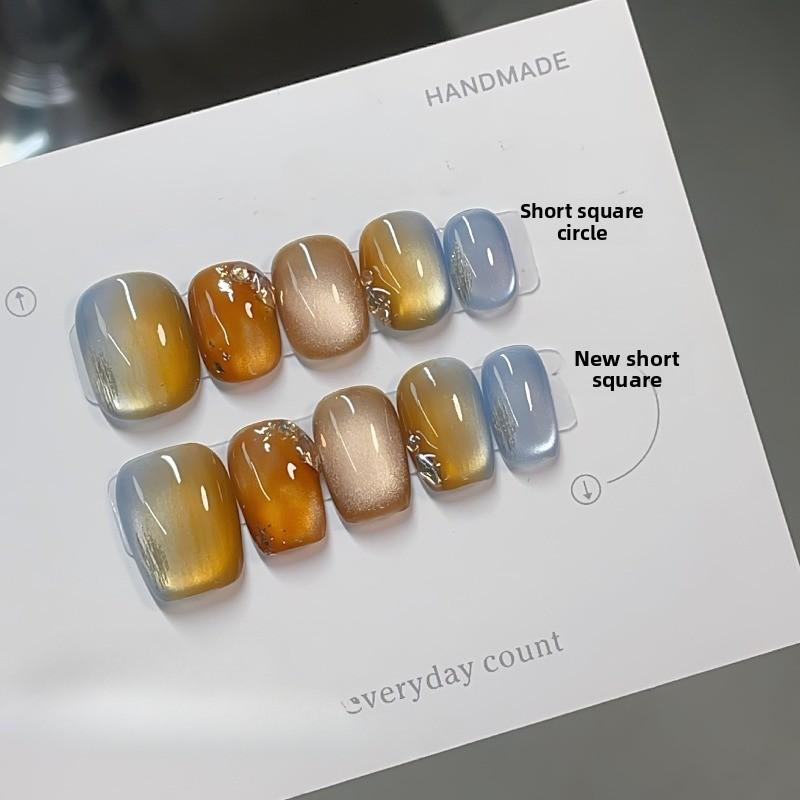 New Autumn&Winter Amber Smudging Design Candy-colored Cat's Eyes Handmade Press On Nails Short Fake Nails Gift for Girls&Women