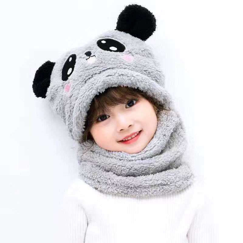 1 Set Autumn Winter Cute Plush Children Scarf Hat 2 In 1 Boys Girls Fleece Warmth Hooded Scarf Set