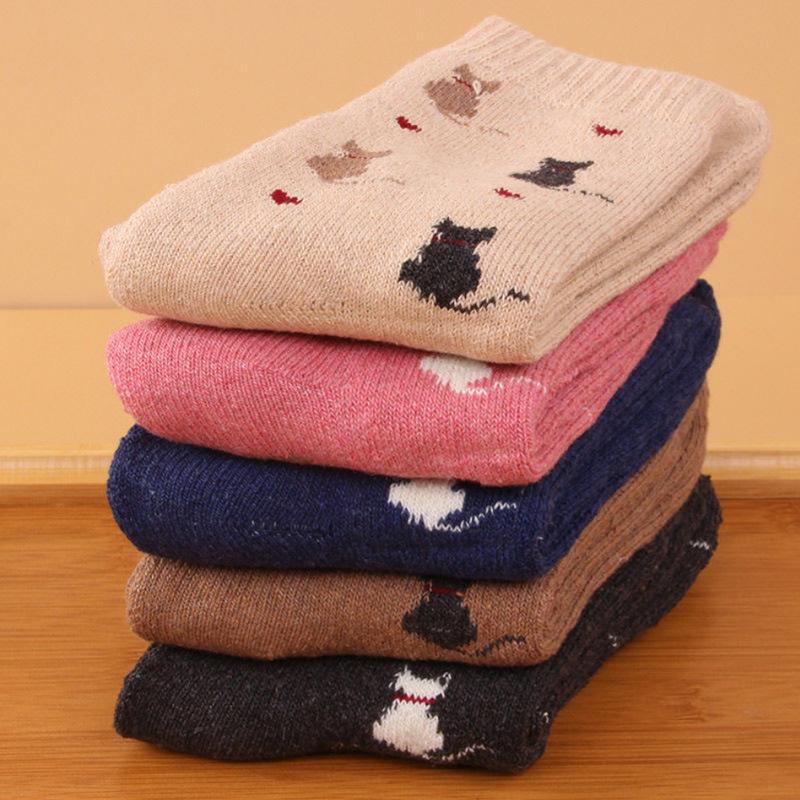 5/10 Pairs Women Double Layer Octagonal Flower Rabbit Wool Socks Autumn Winter Retro Coarse Knit Socks