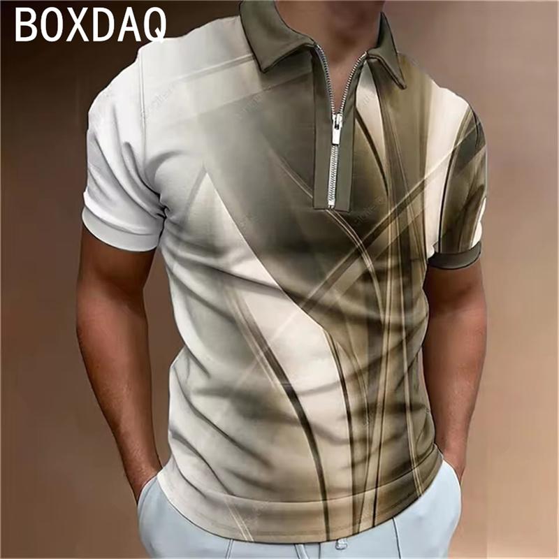 Herren Sommer Golf Poloshirt, 3D gestreiftes, herabgesetztes, bedrucktes Freizeitshirt, übergroßes Oberteil, Herren Sommer T-Shirt mit Kragen und kurzen Ärmeln