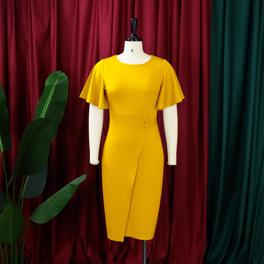 Spring and Summer Large Size Solid Color High Waist Temperament Commuter Ruffle Sleeve Package Hip Long Dresses