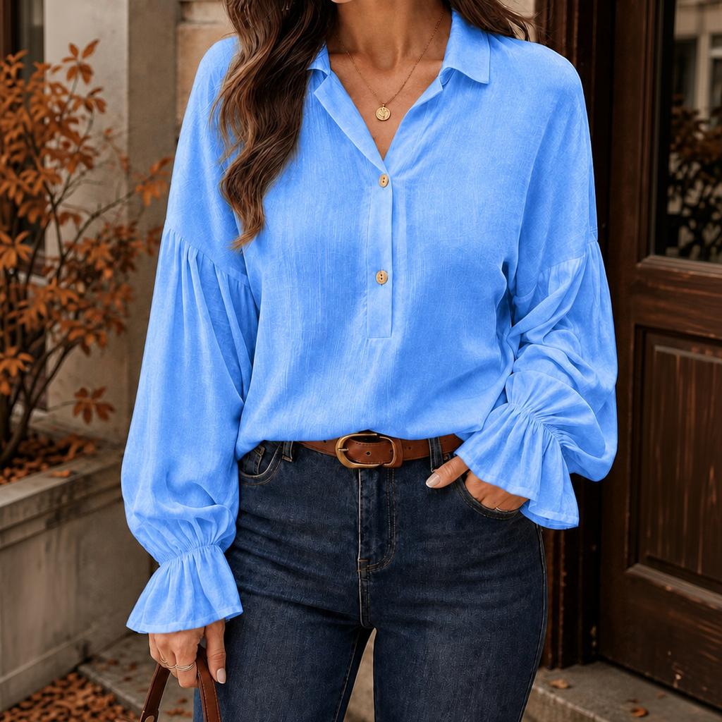 Women's Ruffle Long Sleeve Top with Flared Sleeves and Collar