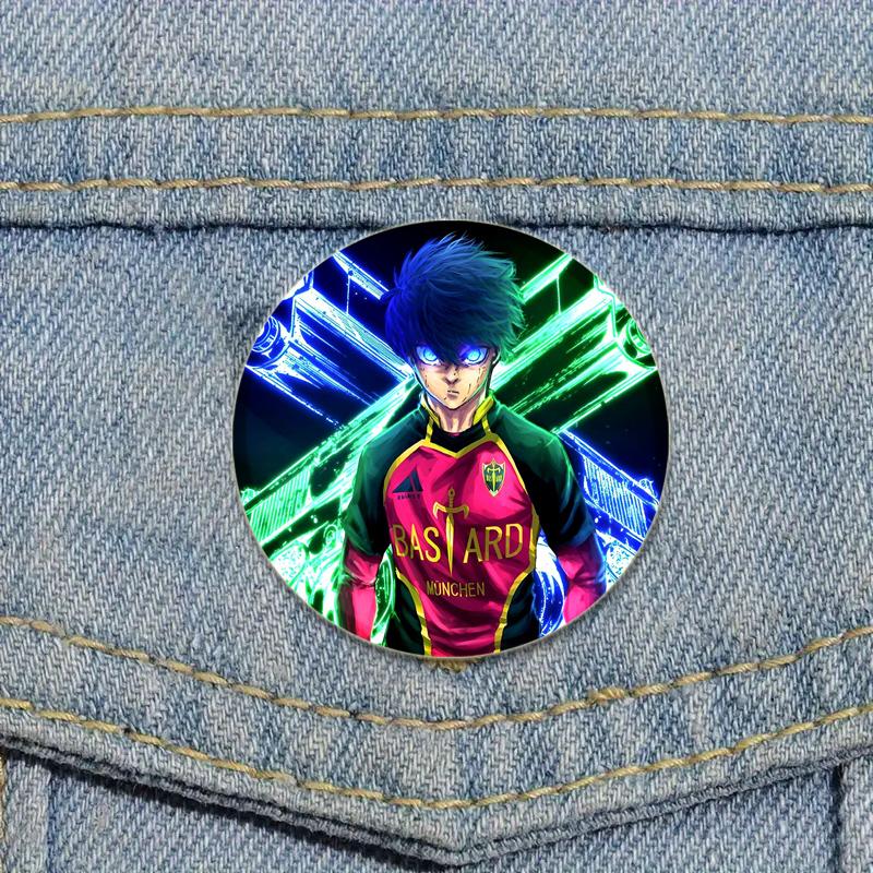 32/44/58 mm runder Anime-Anstecker mit blauem Schloss, Zeichentrickfigur Isagi Yoichi, Brosche, individuell anpassbar, Snap-in-Abzeichen, Cosplay-Zubehör, Schmuck, Geschenke