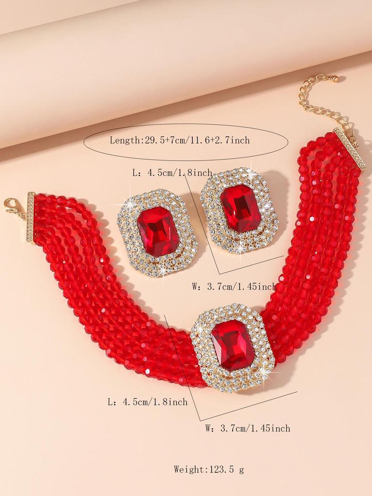 Luxusní vícevrstvý geometrický křišťálový choker a sada barevných náušnic