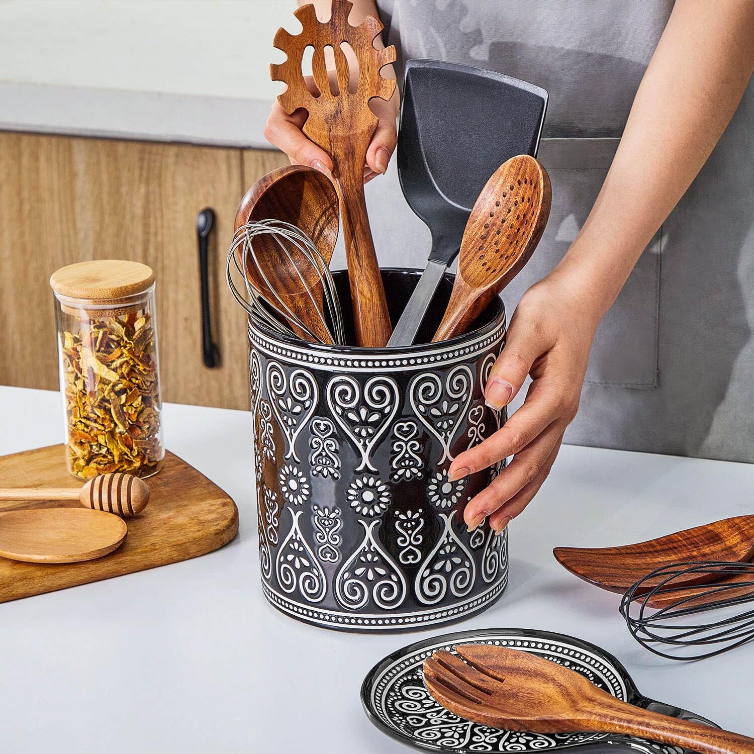 Черная тяжелая керамическая подставка для кухонных принадлежностей 7 очень большая подставка для кухонных принадлежностей для столешницы керамический горшок для приготовления пищи для кухонного декора в стиле фермерского дома 4350₽