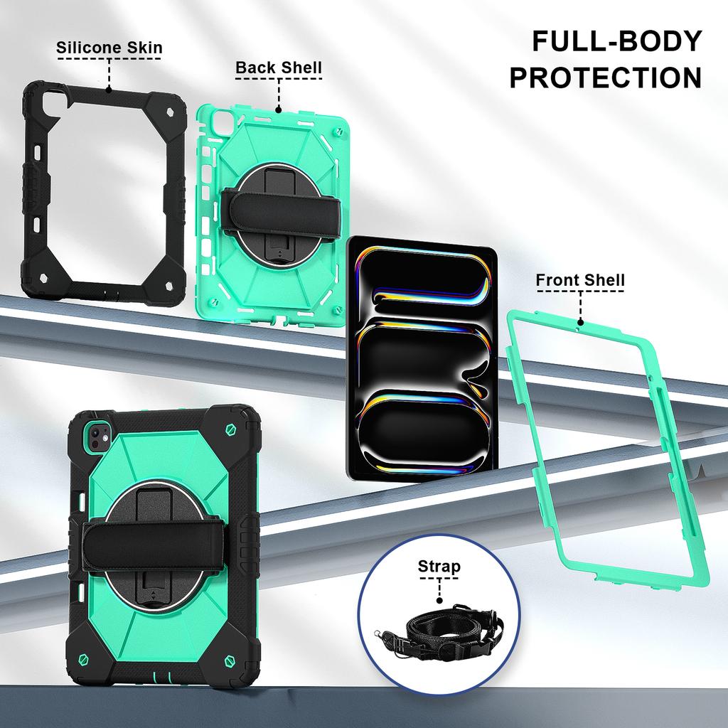For iPad Pro 13 (2025)/13 (2024) Case Silicone + PC Kickstand Tablet Cover with Handy Strap, Shoulder Strap