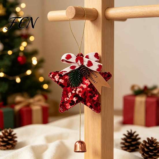 Christmas Atmosphere Decor Glitter Star Bell Ornaments, Sequin Hanging Decoration with Bow Pine Decorative Stars for Parties Cone, Sparkly Tree