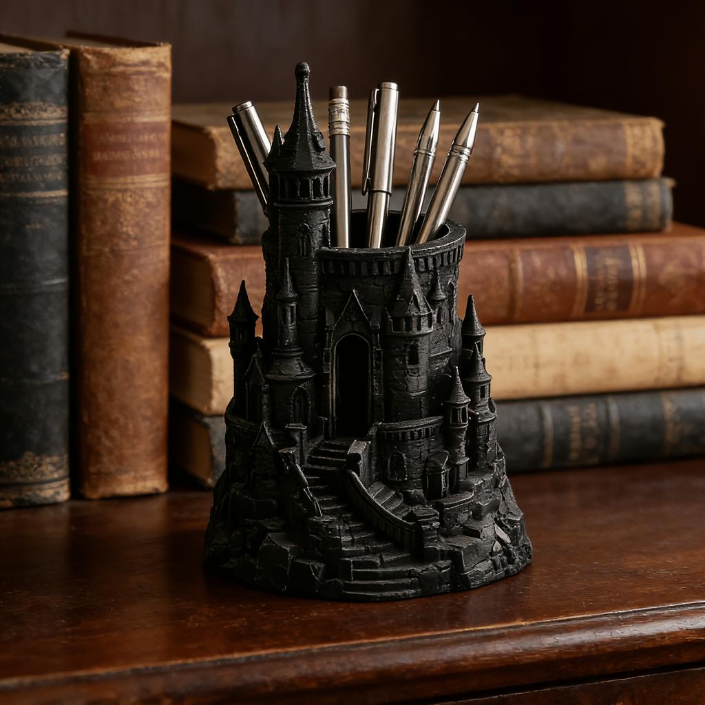 1-Piece Dark Castle-Shaped Pen Holder 3D Printed Vintage Architectural Pen Container Desk Organizer Decoration Student Designer Gift Ma