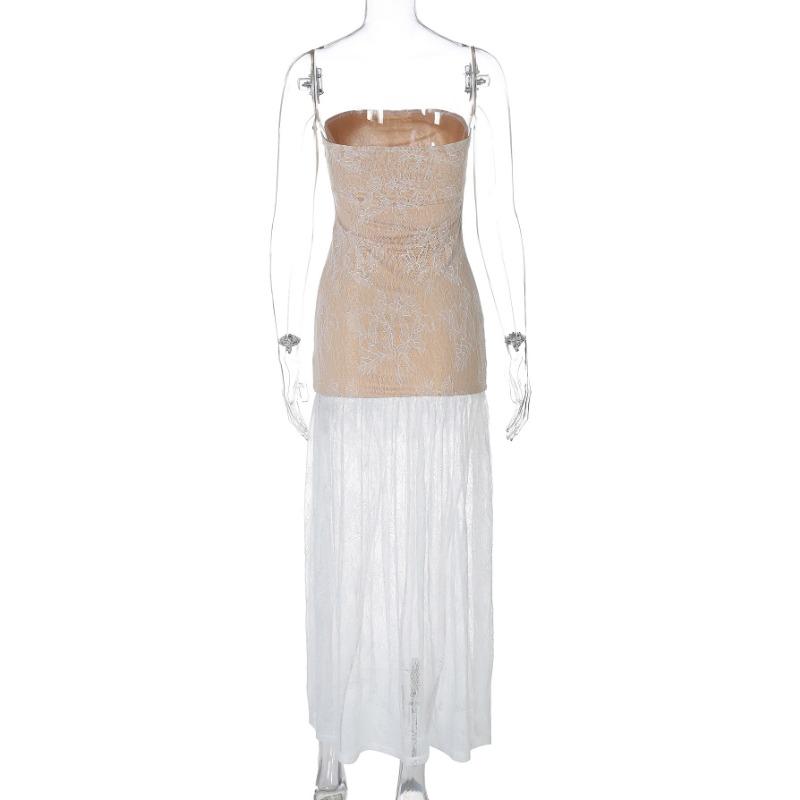 Women's Spring Sexy Strapless Splicing Lace Tall Slim Slit Long Dress