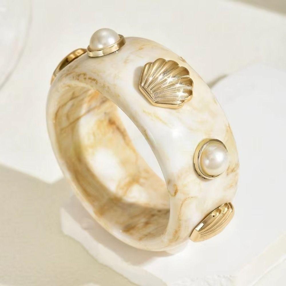 Round Bohemian Bangle Wide Chunky Wrap Wristbands Resin Pearl Shell Bracelet  Girls