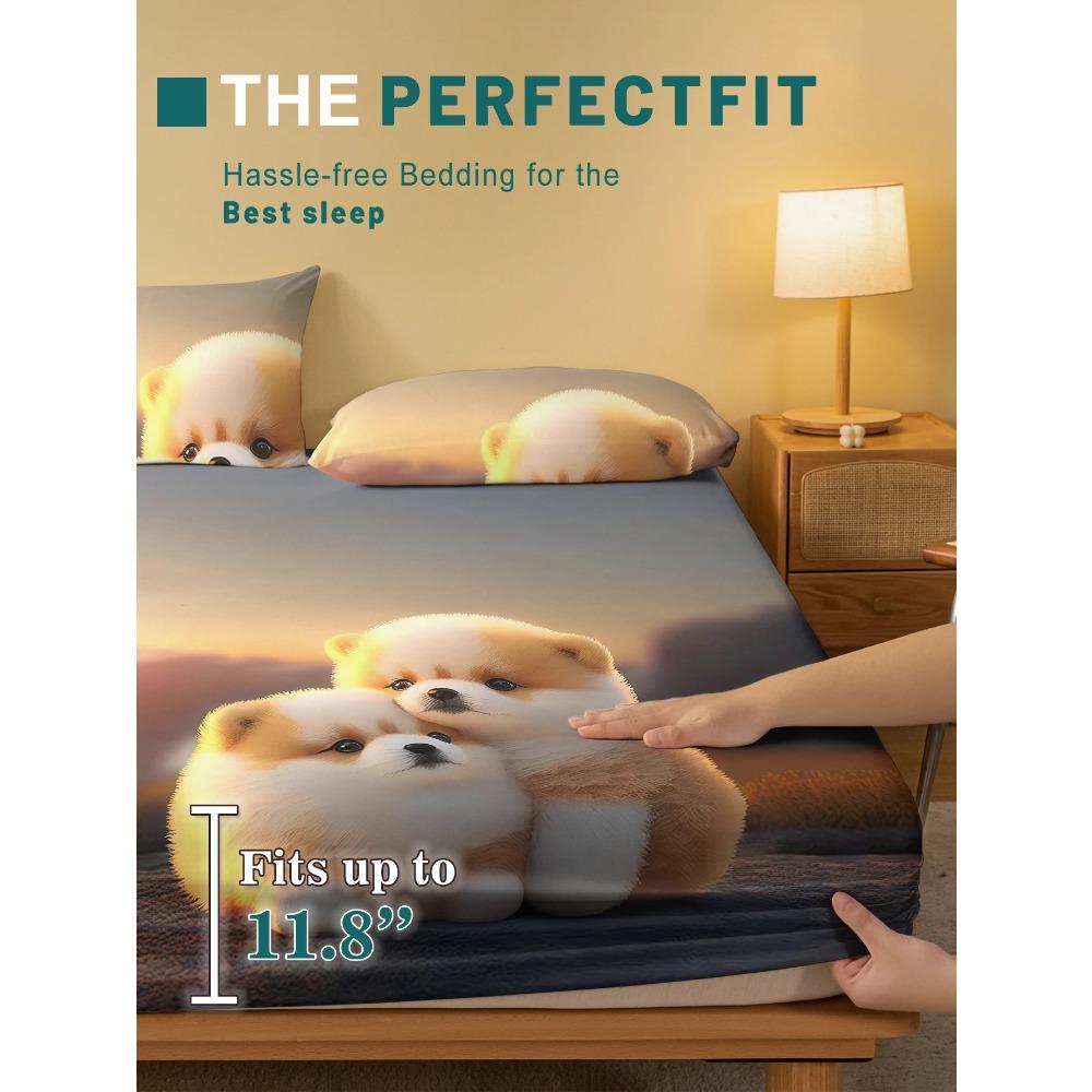 1 Cartoon Cute Animal Dog Digital Printed Frosted Fitted Sheet,bedroom Printed Bed Cover,bedding(No Pillowcase)