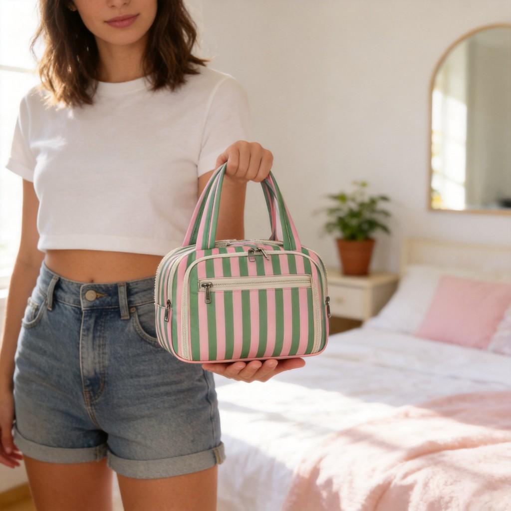 Polyester Striped Makeup Bag With Design For Daily Use And Travel Storage
