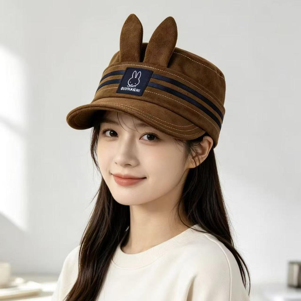 Couple sunscreen versatile face cute rabbit ears striped baseball cap men's and women's sunshade duck tongue navy hat