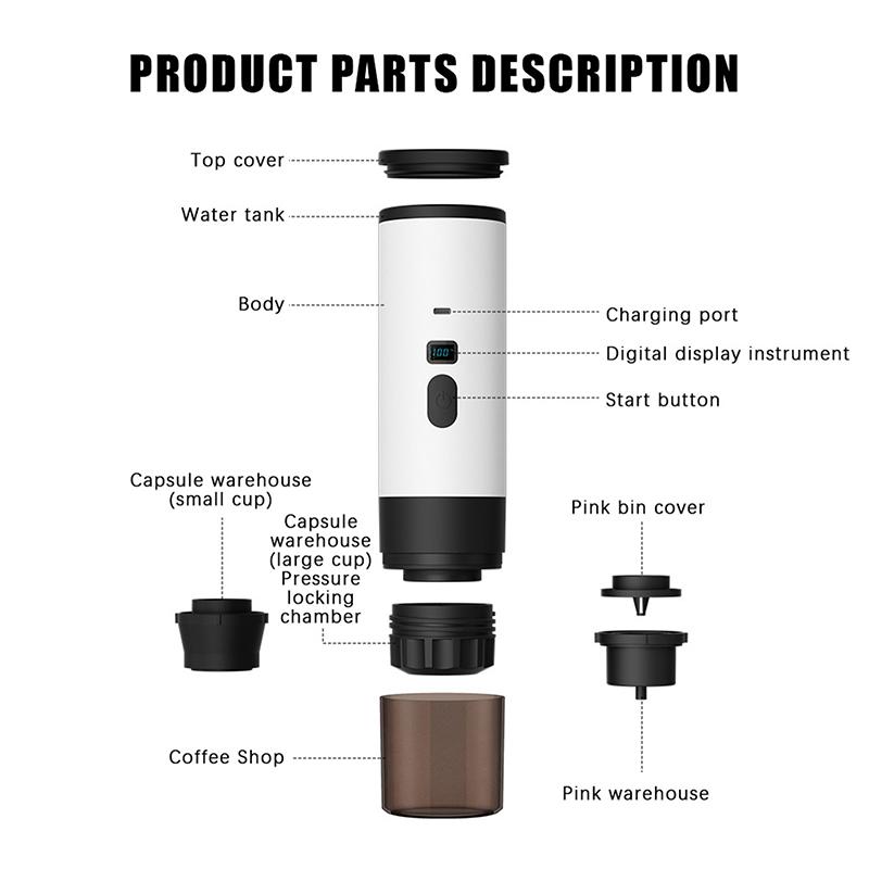 Tragbare elektrische Kaffeemaschine 3-in-1 Kapsel-Kaffeemühle Reise-Kaffeemaschine mit kabelloser Heizung für Auto und Zuhause Camping