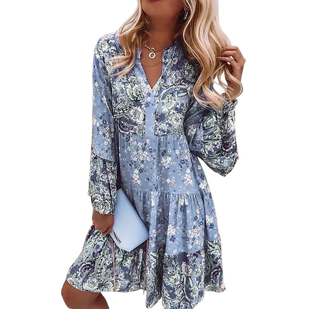 New Summer V-neck Chiffon Pleated Print Dress