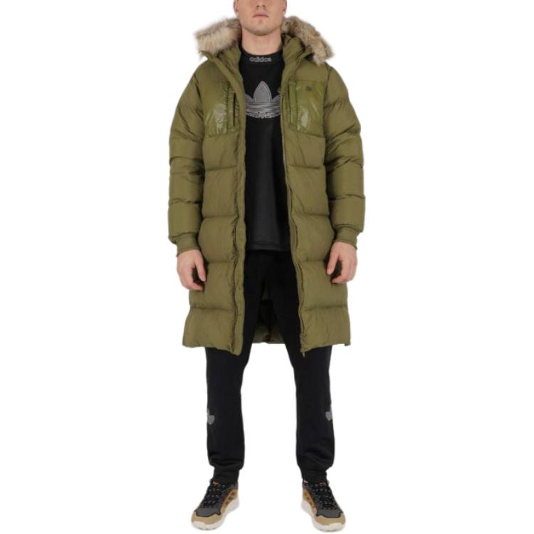adidas Originals Trefoil Einfarbige Logo-Stickerei Mittellange Daunenjacke mit Reißverschluss und Kapuze Herren Oberbekleidung Grün H11804