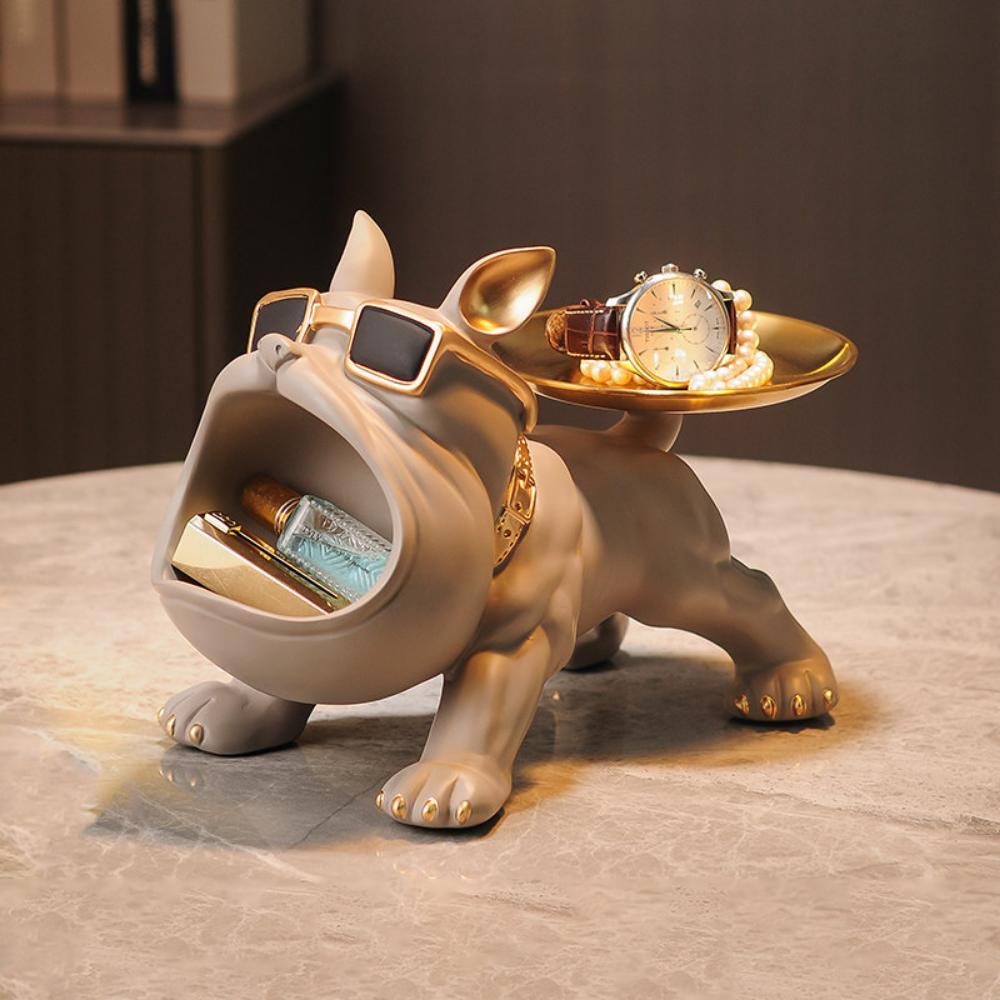 Nordic Decor Sculpture Dog Big Mouth French Bulldog Butler with Metal Tray Table Decoration Statue for Live Room Dog Bulter