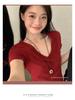 Dopamine Red V-Neck Straight-Shoulder Slim Women’s T-Shirt - Summer 2025: Sweet & Spicy Style