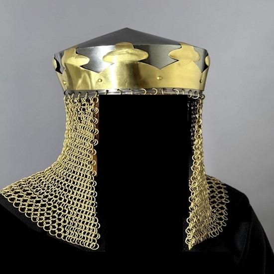 King Arthur Crown Helmet: Handmade Medieval Knight Armor with Chainmail