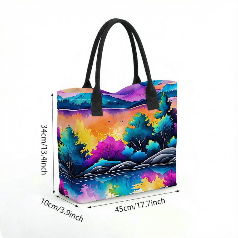 Colorful Watercolor Landscape Tote Bag Large Capacity Fashion Casual Portable Shoulder Bag for Daily Use