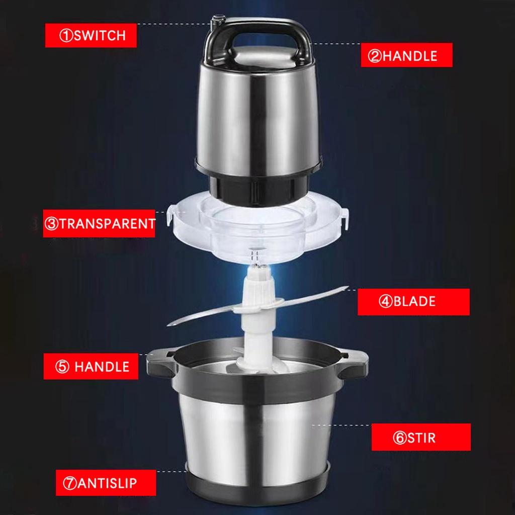 6L Electric Meat Mixer Blender Grinder with Double Knife Stainless Steel Electric Chopper Automatic Mincing Quiet Food Blender