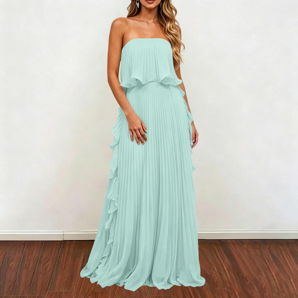 Women's Elegant Strapless Chiffon Evening Gown - Color Sleeveless Ruffled Maxi Dress for Wedding Guest or Formal Party