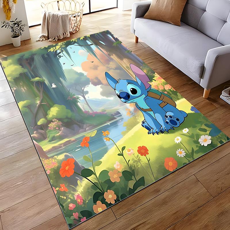 Runner Rug Stitch Sitting in Lush Green Forest Meadow with Backpack Big Ears Cute Cartoon Home Decor Living Room Bedroom