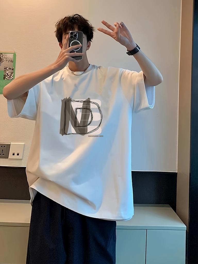 Men's Summer 100 Cotton Fashionable Casual Sports Loose Oversized Creative Letter Printed Round Neck Short Sleeved T-shirt Top