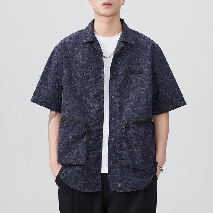 New Japanese Retro Summer Zipper Design Lapel Short-sleeved Shirt Loose and Casual