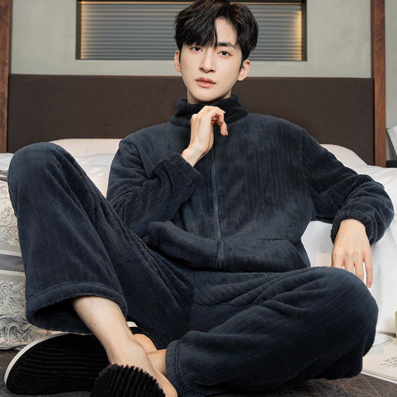 Men's Warm Flannel Pajamas, Zippered Stand-up Collar, Long Sleeve, Coral Fleece Cardigan for Autumn and Winter