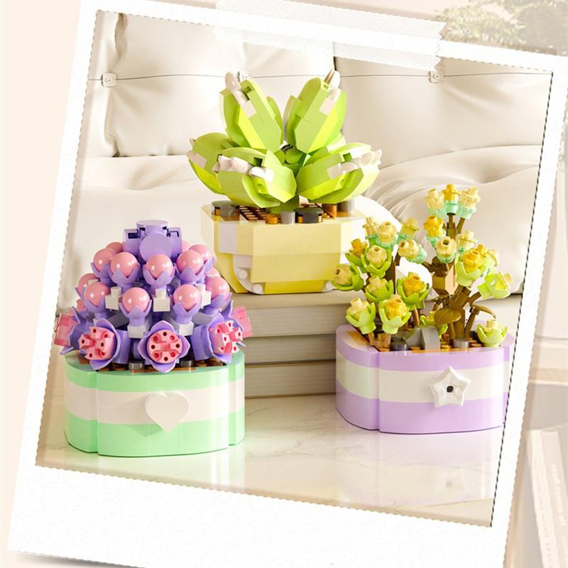 Flower Succulents Building Blocks Everlasting Flower Bonsai Tree Gardens Romantic Bricks DIY Potted Plants Model Kids Kits Toys