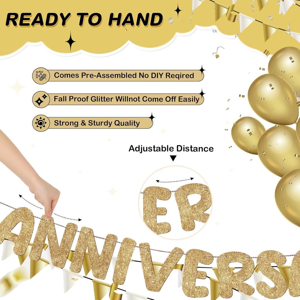 Fulmoon Happy Anniversary Banner Glitter Happy Anniversary Decorations Wedding Party Banner Romantic Decorations No DIY Pre-strung for Wedding Party