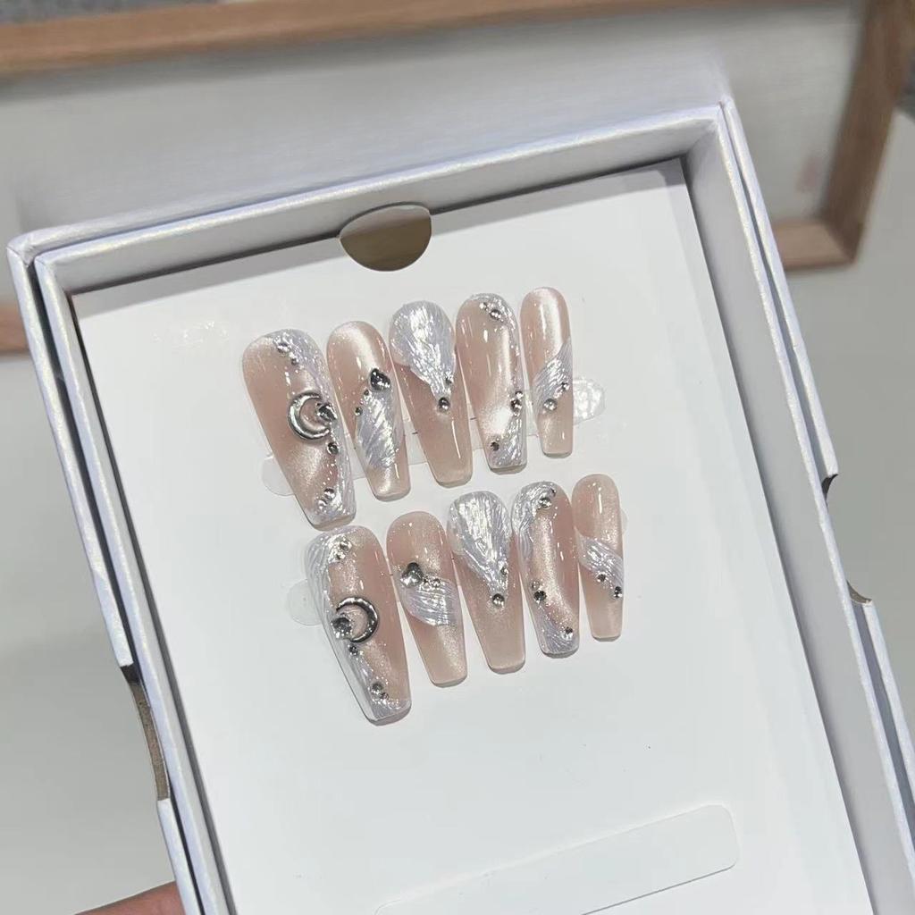 Wearing Armor Handmade Icy Nude Color Highlight Cat Eye Nail Art Aurora Powder Streamer Broken Diamond Fake Nail Removable Nails