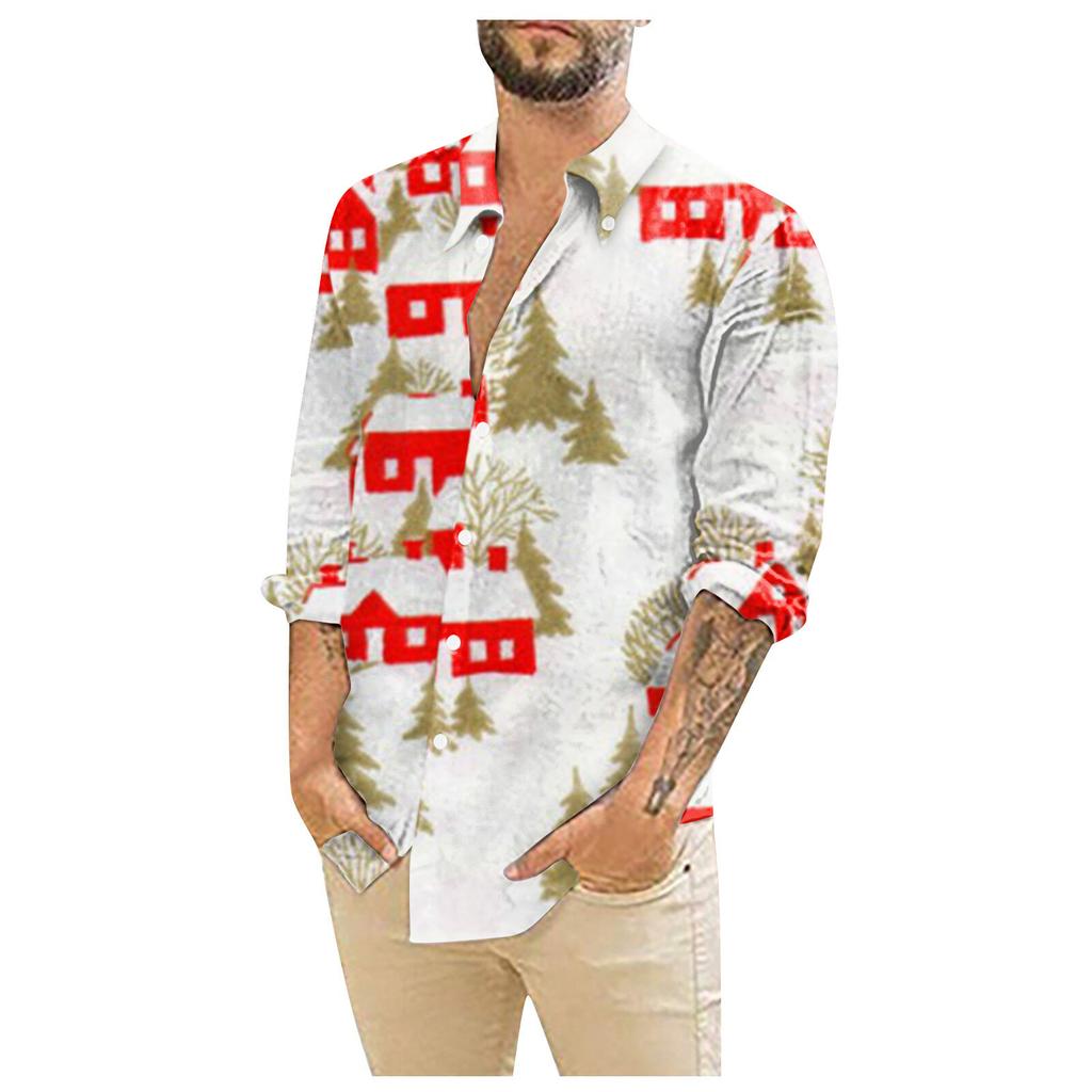 Men's Christmas Shirts Long Sleeve Floral Printed Button Up Tops Funny Cute  Graphic Dress Shirt