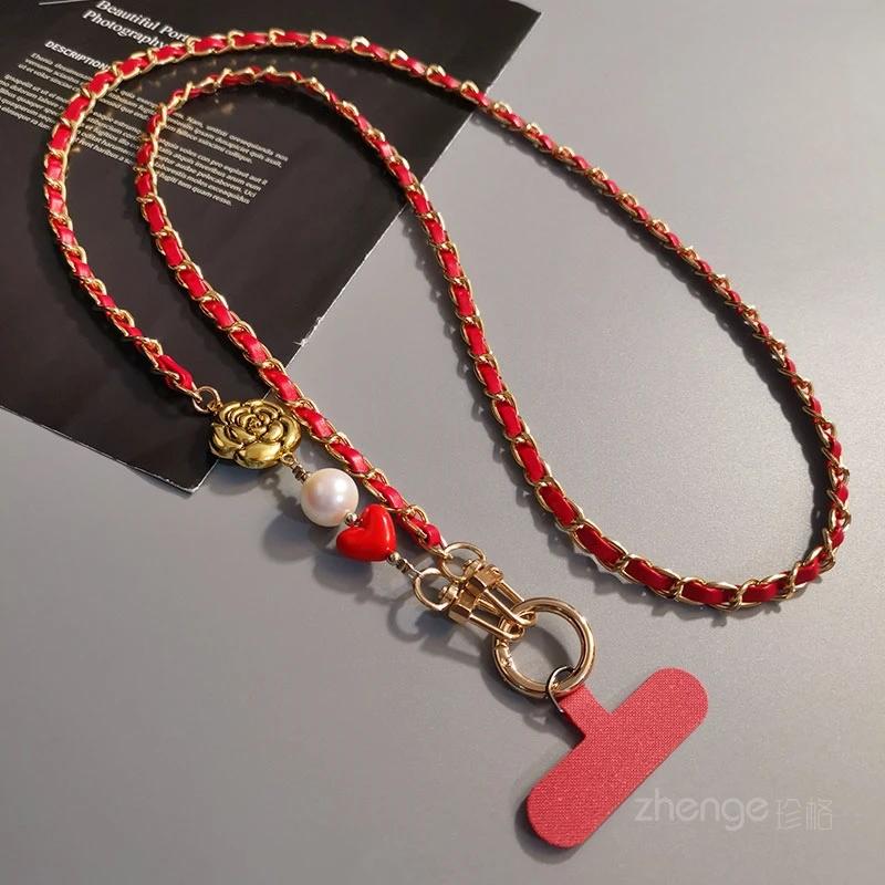 Mobile Phone Case Universal Hanging Rope Long Cross-body Camellia Pearl Picking Chains  Girls  Moviles Mobile Phone Lanyards