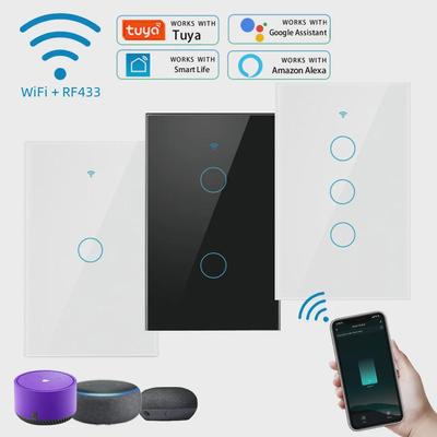 Tuya Smart US-Standard-WLAN-Touch-Schalter, einzelnes stromführendes Kabel, gehärtetes Glas, RF433.