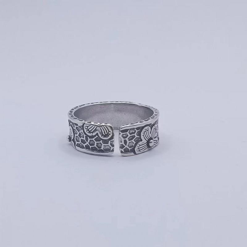 Handcrafted Sterling Ring With Cherry Blossom Motif Vintage Hammered Texture Adjustable Unisex Band