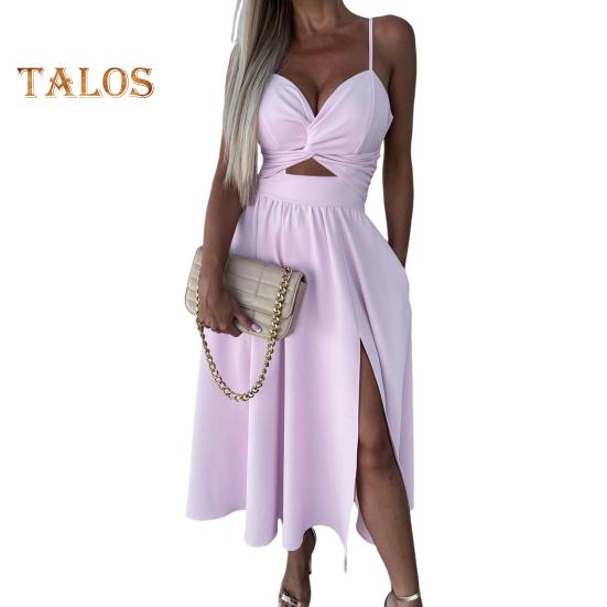 Dámské prázdninové šaty Hluboký výstřih do V Špagetová ramínka Vykrojená záda Bez rukávů Boční rozparek Plisované Jednobarevné Plážová párty Midi šaty Léto Dlouhé