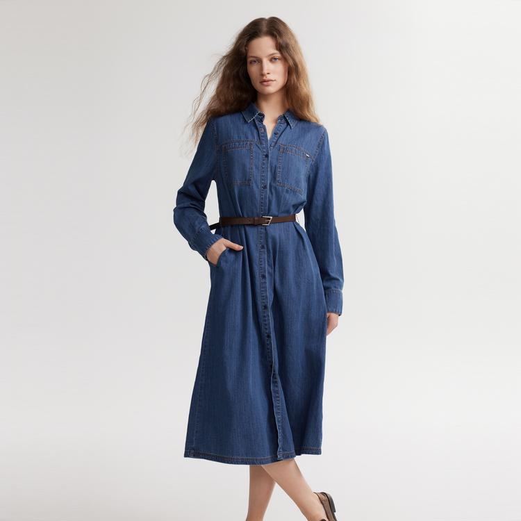 ELLE French Minimalist Tie Collar Loose Solid Color Long Dress Simple Elegant Long Sleeve Dress Women dresses Denim-Blue EL49248