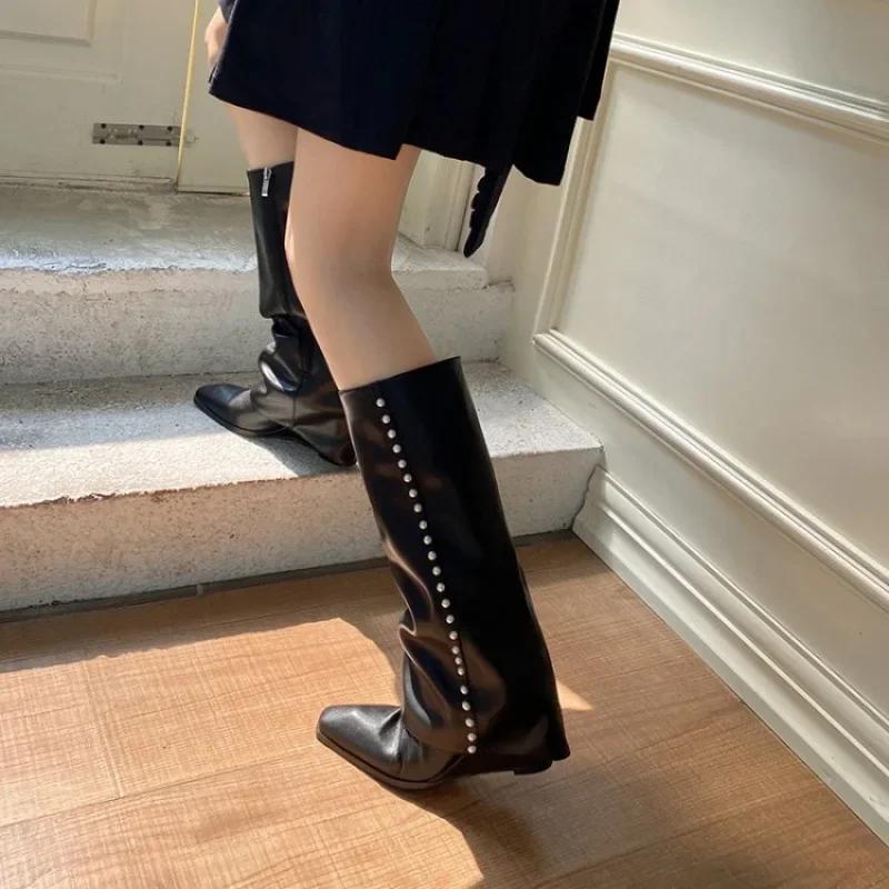 Pearl Pants Knee High Boots Square Head Wedge Heel High Heel Sleeve Boots Sexy Women's Boots Fashion Casual New