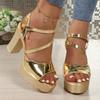 Gold Silver Chunky Platform Sandals Women Summer Ankle Straps High Heel Sandals Woman  42 Thick Heeled Party Shoes