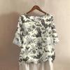 Damen Modisches Und Lässiges Shirt Halbarm Rundhals Print Baumwolle Und Leinen Bluse Top