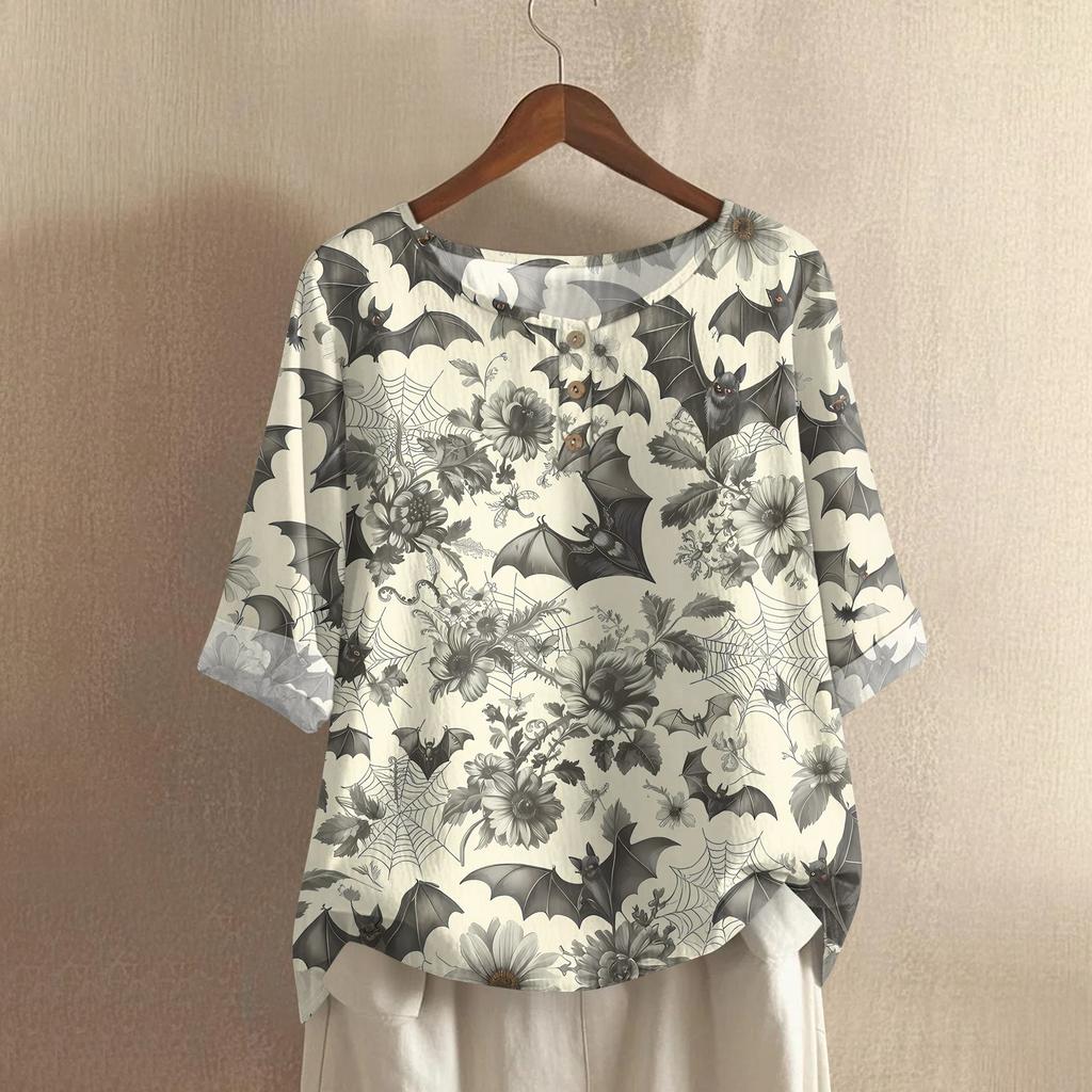 Damen Modisches Und Lässiges Shirt Halbarm Rundhals Print Baumwolle Und Leinen Bluse Top