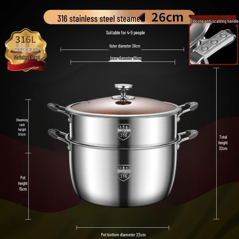 Extra Tall 316 Stainless Steel Stockpot with Anti-Overflow Lid, Large Capacity, No Coating, Perfect for Porridge, Steaming, and Stews.